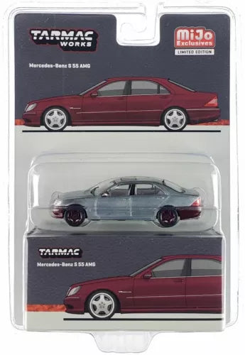 Tarmac Works 1:64 Mercedes-Benz S 55 AMG maroon diecast car in blister pack