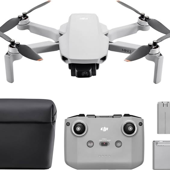 White quadcopter mini drone with camera and DJI logo, plus controller and battery