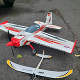 RC drone aircraft with white and red body, front propeller and fixed landing gear