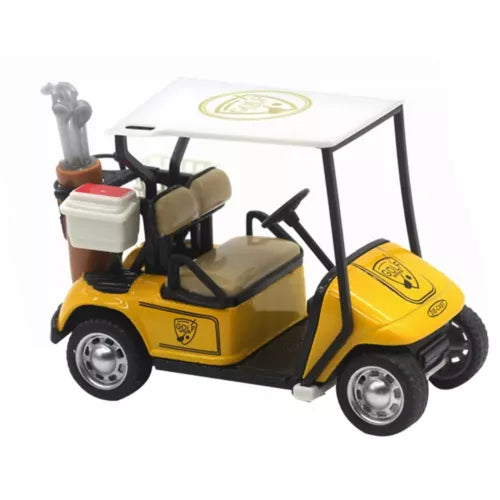 Yellow diecast pull-back golf cart toy with open cabin and front wheels