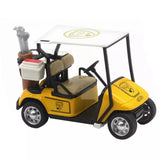 Yellow diecast pull-back golf cart toy with open cabin and front wheels