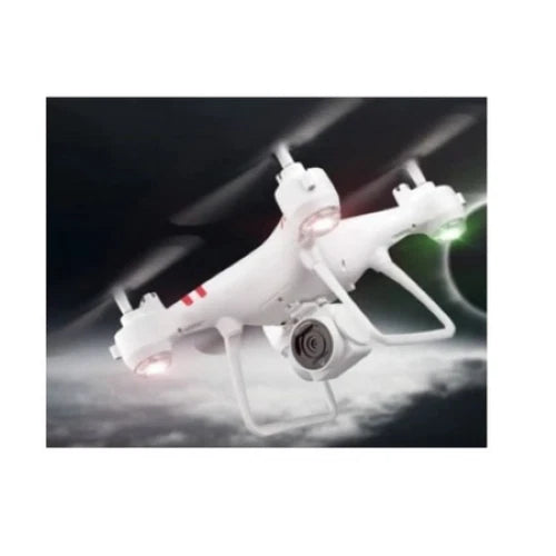 White quadcopter drone with built-in camera and glowing LED lights