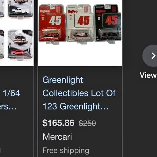 Carded diecast race cars, three pack with “45” on red/gray/black packages