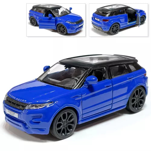 Blue diecast SUV model car with black wheels, front three-quarter view