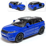 Blue diecast SUV model car with black wheels, front three-quarter view