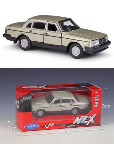 Beige alloy diecast car model toy in retail box, 1:36 scale
