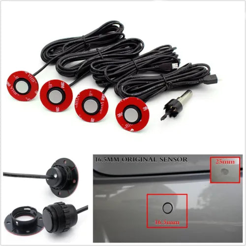 Red round sensor discs with black wiring, connector plug and mounting base