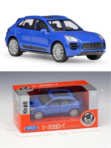 Blue alloy diecast model car in retail box, front view and wheel details