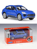 Blue alloy diecast model car in retail box, front view and wheel details