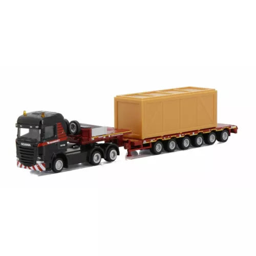 Die-cast model truck with black cab, red chassis, and orange container on low trailer