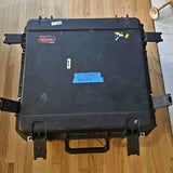 Black hard-shell drone carrying case with handle and metal latches