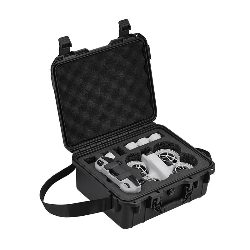Black hard-shell storage case with foam insert and open lid