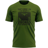 Men's green T-shirt with 'DRONES and I KNOW THINGS' graphic print