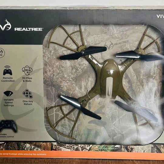 Realtree camo quadcopter drone with four propellers in packaging