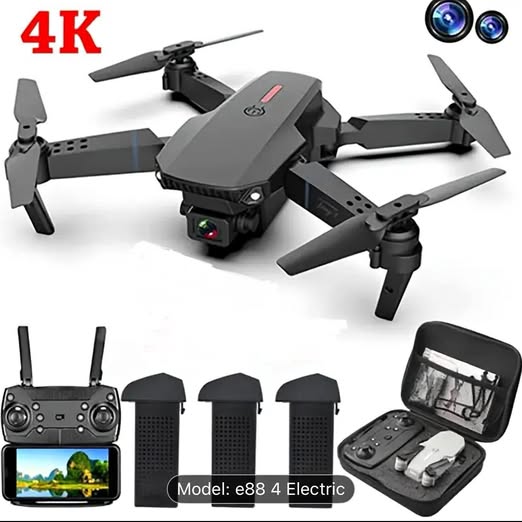 Black mini quadcopter drone with foldable propellers, controller, and carrying case