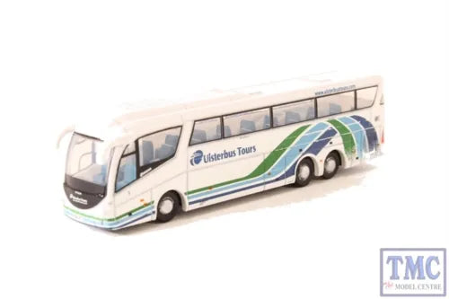 Diecast bus model in white with green-blue graphics and Ulsterbus Tours branding