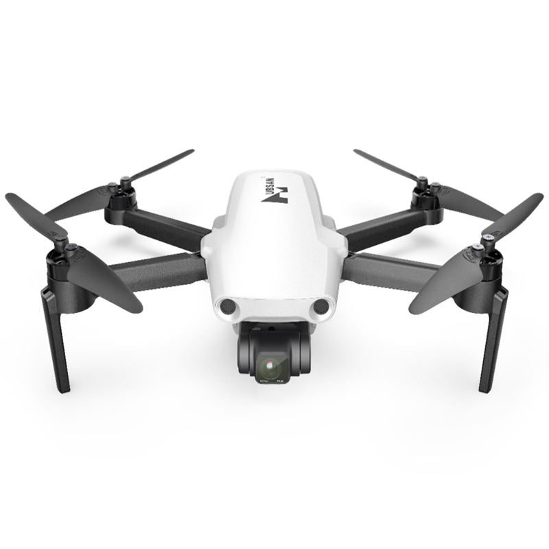 White quadcopter drone with four propellers and front camera module