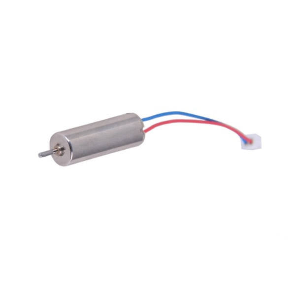 Mini DC motor with silver cylindrical body and red/blue connector wires