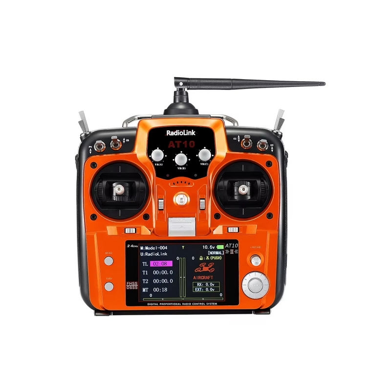 Orange RC transmitter with two control sticks, central display, and top antenna