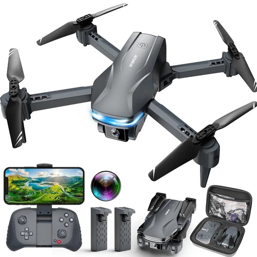 Foldable camera drone, gray body with four propellers, controller and carrying case