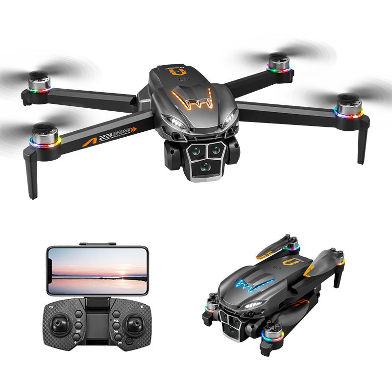 Mini quadcopter drone with three-camera gimbal, propellers and remote controller