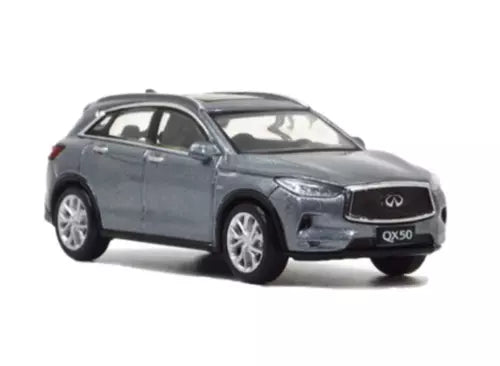 1/64 Infiniti QX50 SUV diecast model car, gray, front 3/4 view
