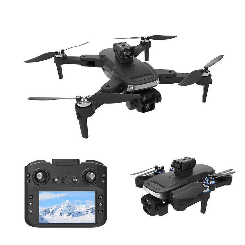 Black quadcopter drone with 4 propellers and handheld controller with screen