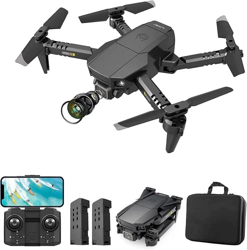 Foldable quadcopter drone with dual cameras, controller, spare prop guards, and carrying case