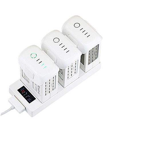 Battery charging hub with three bays, white charging dock for DJI Phantom 4 Pro+.