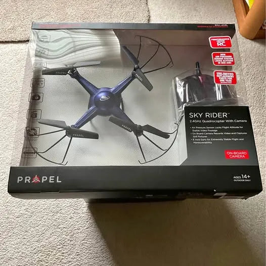 Propel Sky Rider drone kit box with 2.4GHz quadcopter and onboard camera