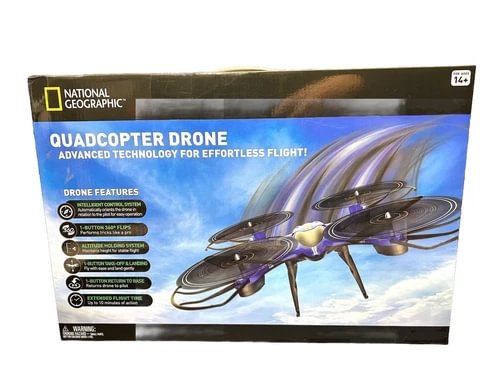 Quadcopter drone retail box showing a purple and black quadcopter with propellers