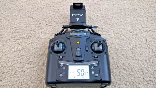 FPV drone controller with dual thumbsticks and LCD screen, dark gray