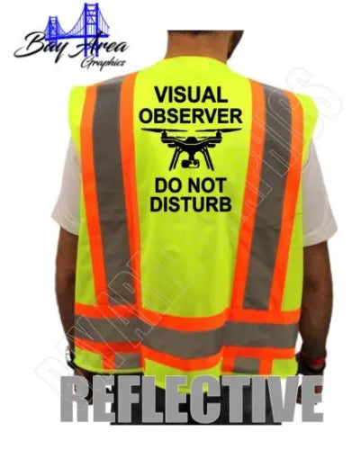Hi-visibility reflective safety vest in neon green with orange reflective stripes and back text
