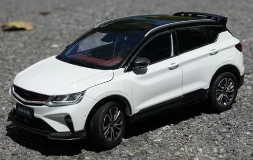 Geely Jiaji BinYue diecast car model, white SUV with black wheels, side view