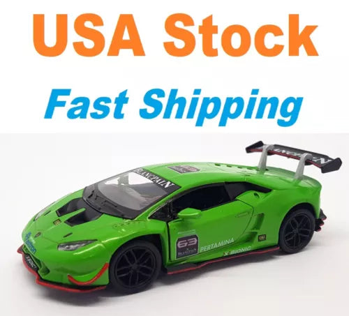 Green diecast race car toy with black accents, front three-quarter view.
