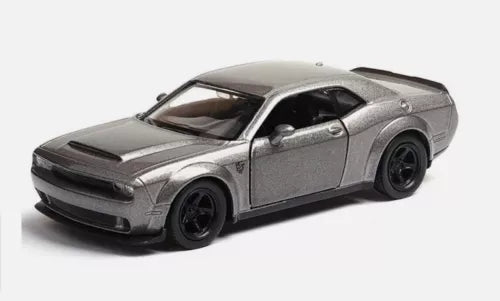 Gray die-cast muscle car model with black hood and front grille, front three-quarter view