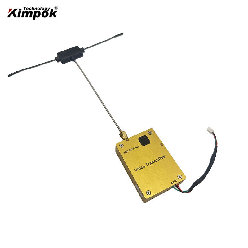 Yellow video transmitter module with antenna leads and multi-wire connector