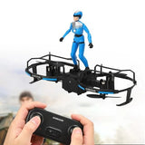 Blue-and-black RC quadcopter drone with hand controller, stunt prop frame