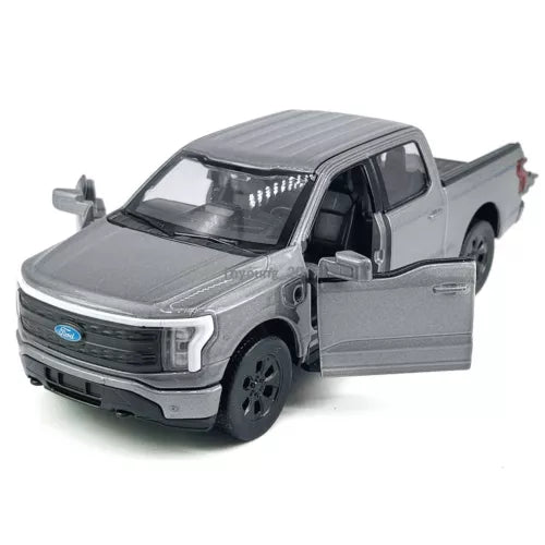 1:36 Ford F-150 Lightning diecast model pickup car, gray, front-left with open driver door