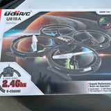 RC drone toy in retail box, quadcopter with 4-channel 2.4GHz controls