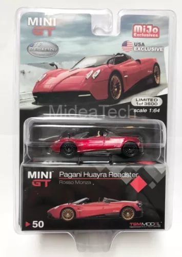 Mini GT diecast roadster model car, red, in blister package