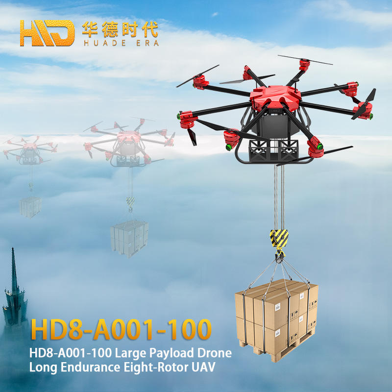 Payload drone with six red propellers carrying cardboard boxes on a hanging hook