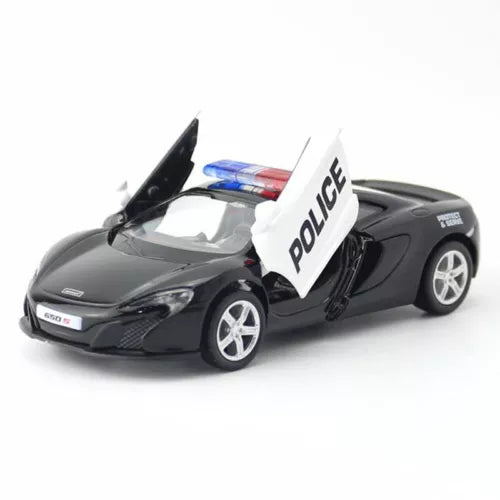 Diecast police toy car in dark gray with white “POLICE” marking and open door