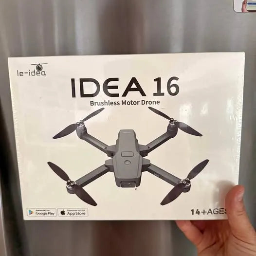 Brushless motor drone retail box with four-blade drone graphic and le-idea branding