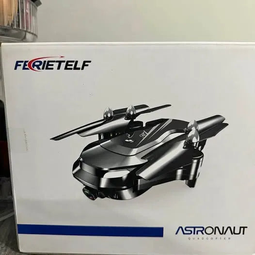 Astronaut drone with four rotors, black foldable propellers, compact body