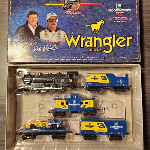 Diecast train set in retail box with gray engine and blue yellow cars