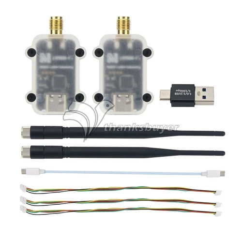 Long-range data transceiver kit with two RF modules, USB dongle, antennas, wiring