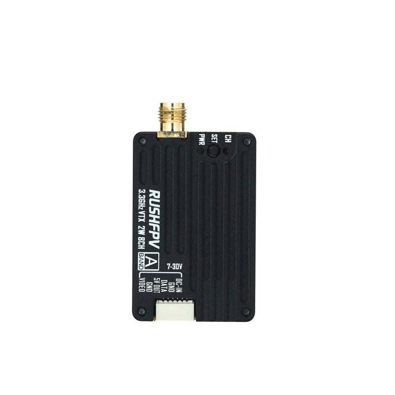 Black FPV VTX transmitter module with gold SMA antenna connector and pin interface