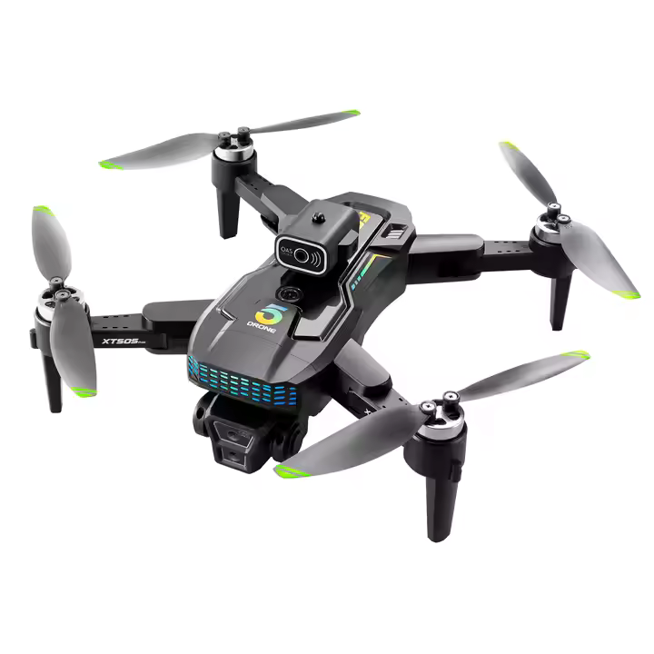 Foldable black quadcopter drone with 4 propellers and mounted camera