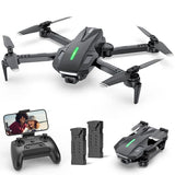 Foldable mini drone with camera, four propellers, green LED light, black gray body